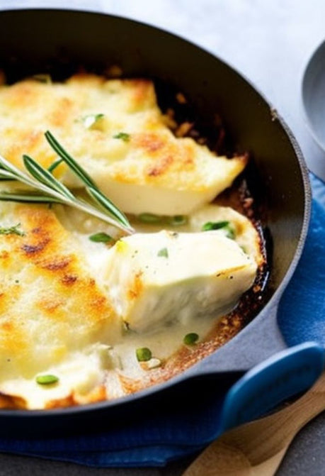 Smoked Haddock, cheesy celeriac, leek & rosemary gratin