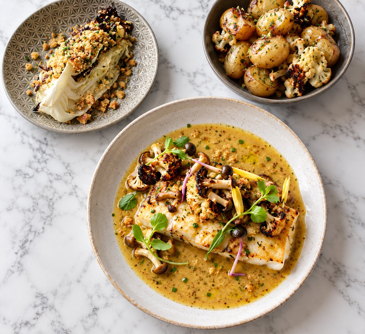 Poached Hake, Mustard Butter & Seasonal Sides