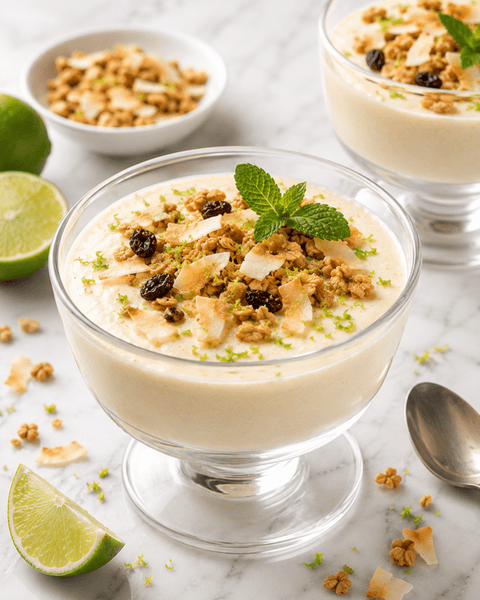 GINGER & LIME SET CREAM WITH CRUNCHY COCONUT GRANOLA  TOPPER
