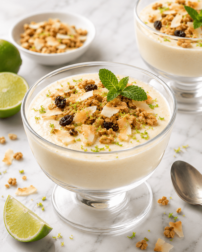 GINGER & LIME SET CREAM WITH CRUNCHY COCONUT GRANOLA  TOPPER