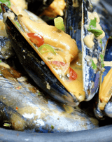 Mussels with Thai Spiced Coconut & Lime Broth + Thai Fish Cakes